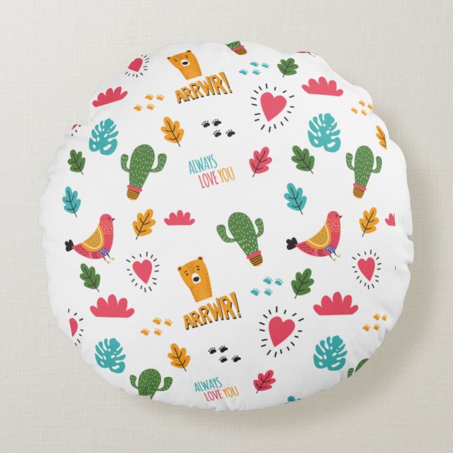 Colourful Doodle Animals And Words Pattern Round Cushion (Front)