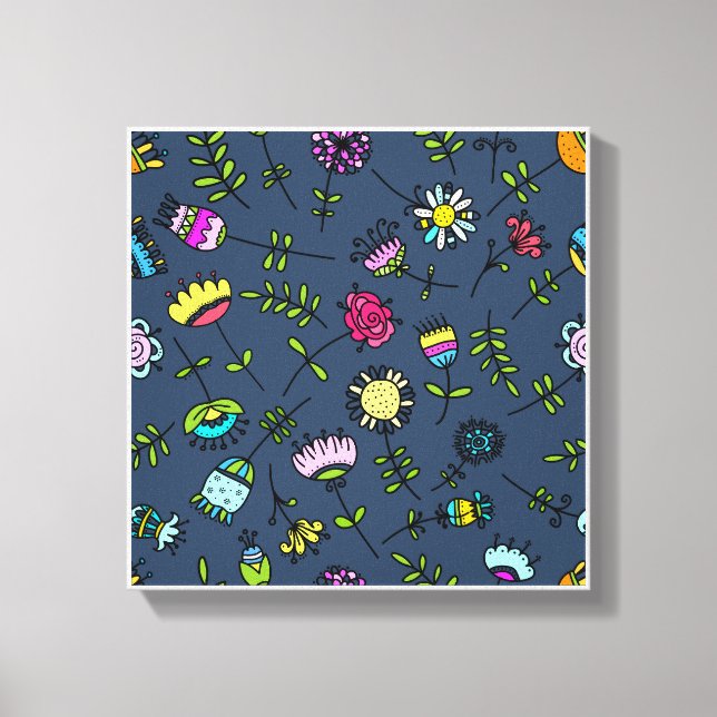 Colourful Doodle Flower Pattern on Dark Blue Canvas Print (Front)