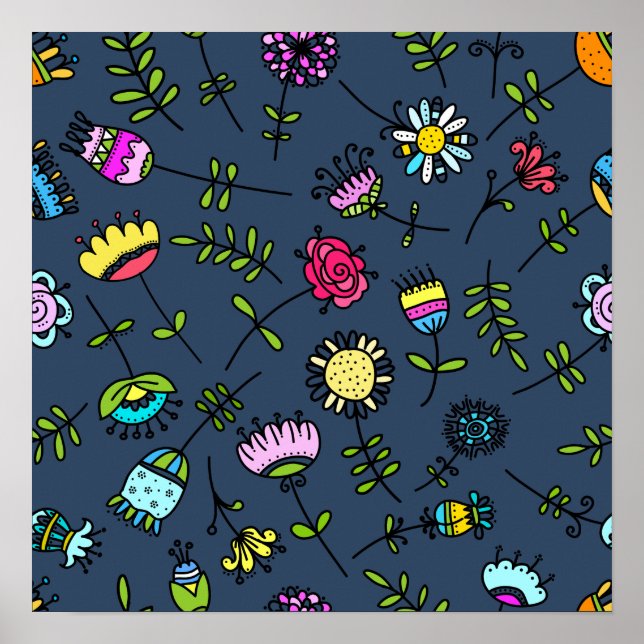 Colourful Doodle Flower Pattern on Dark Blue Poster (Front)