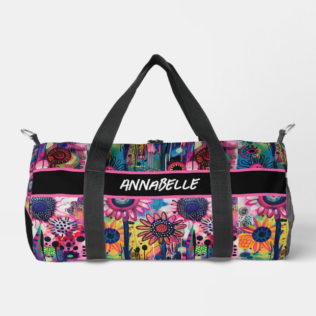  Colourful Doodle Flowers Print Duffle Bag (Front)