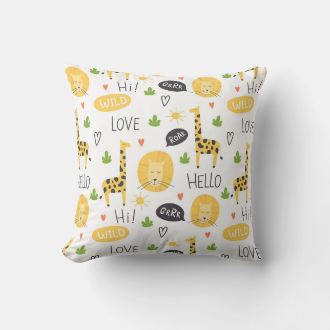 Colourful Doodle Giraffes And Words Cushion (Front)