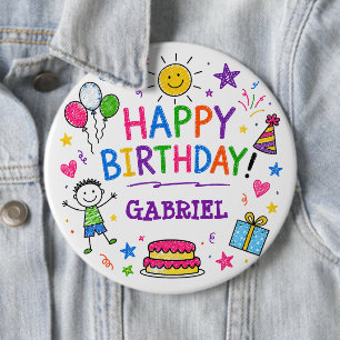 Colourful Doodle Happy Birthday Custom Name Kids 6 Cm Round Badge