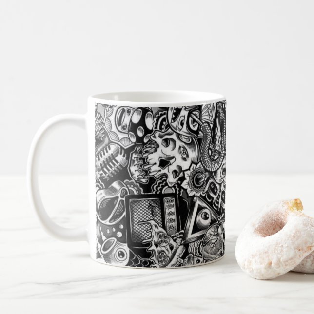 Colourful Doodle Pattern Coffee Mug | Cute Cartoon (With Donut)