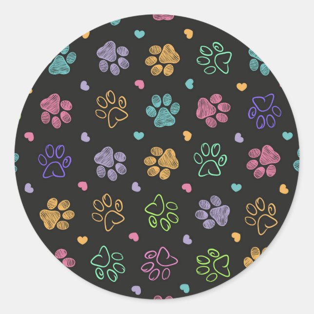 Colourful doodle paw prints classic round sticker (Front)
