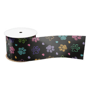 Colourful doodle paw prints satin ribbon