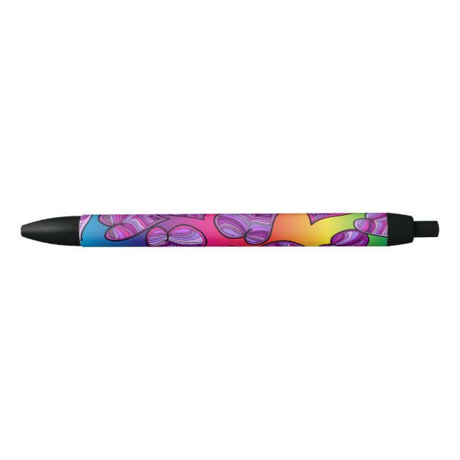 Colourful Doodle Rainbow Hearts Pattern Black Ink Pen (Front)