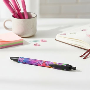 Colourful Doodle Rainbow Hearts Pattern Black Ink Pen