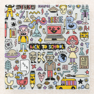 Colourful Doodle School Vintage Set Glass Coaster