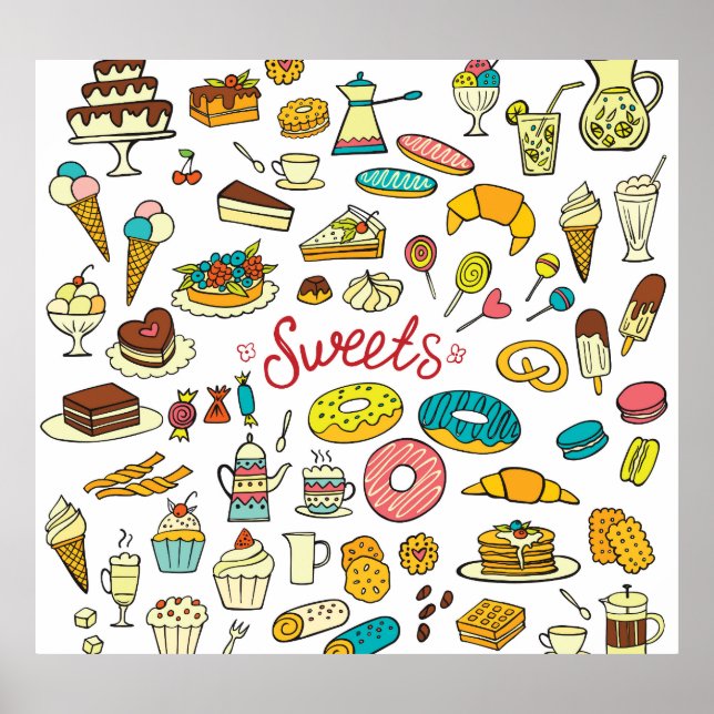 Colourful doodle sweets: dessert design poster (Front)