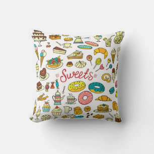 Colourful doodle sweets food on white. Vintage ill Cushion