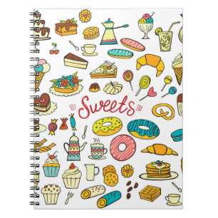 Colourful doodle sweets food on white. Vintage ill Notebook