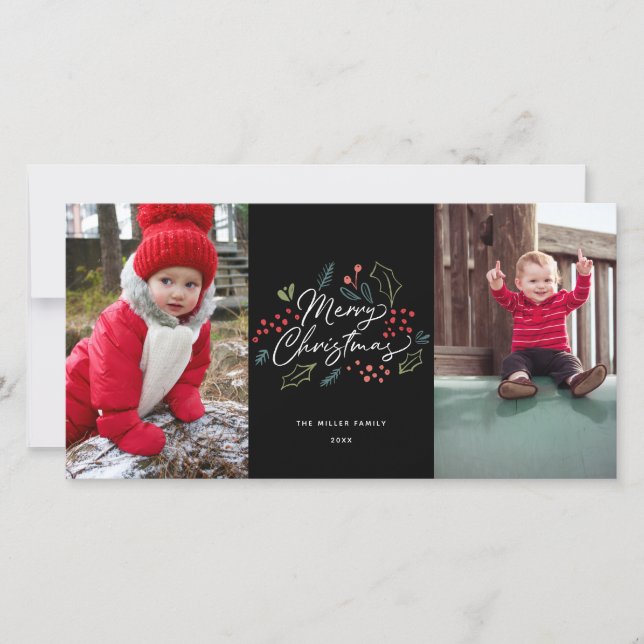 Colourful Doodles Merry Christmas 2 Photo Black Holiday Card (Front)
