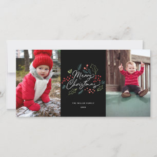 Colourful Doodles Merry Christmas 2 Photo Black Holiday Card