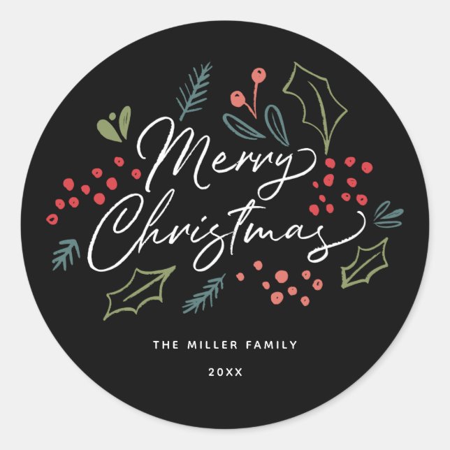 Colourful Doodles Merry Christmas Name Black Classic Round Sticker (Front)