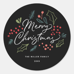 Colourful Doodles Merry Christmas Name Black Classic Round Sticker
