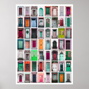 Colourful Doors Collage - Pink/Green/Orange Poster