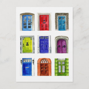 Colourful Doors Illustration Postcard