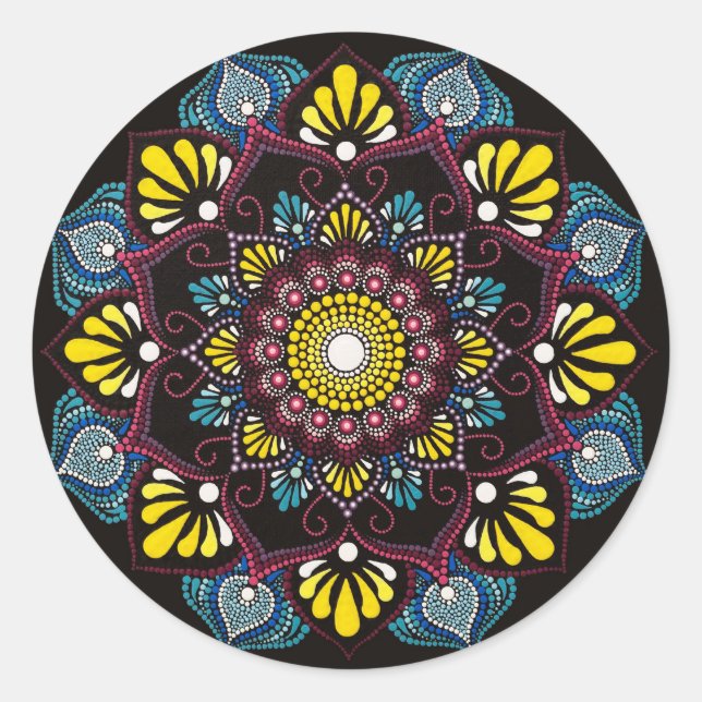 Colourful Dot Art Mandala | Sacred Geometry Boho Classic Round Sticker (Front)