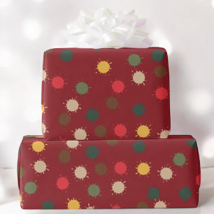 Colourful Dot Splash on Red Festive Holiday Gift Wrapping Paper