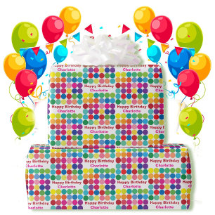 Colourful Dots Add Recipients Name Happy Birthday Wrapping Paper
