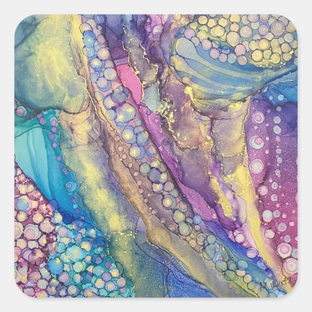 Colourful Dots Alcohol Ink Liquid Abstract Art Square Sticker (Front)