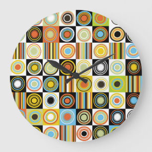 Colourful dots, circles, stripes background. large clock