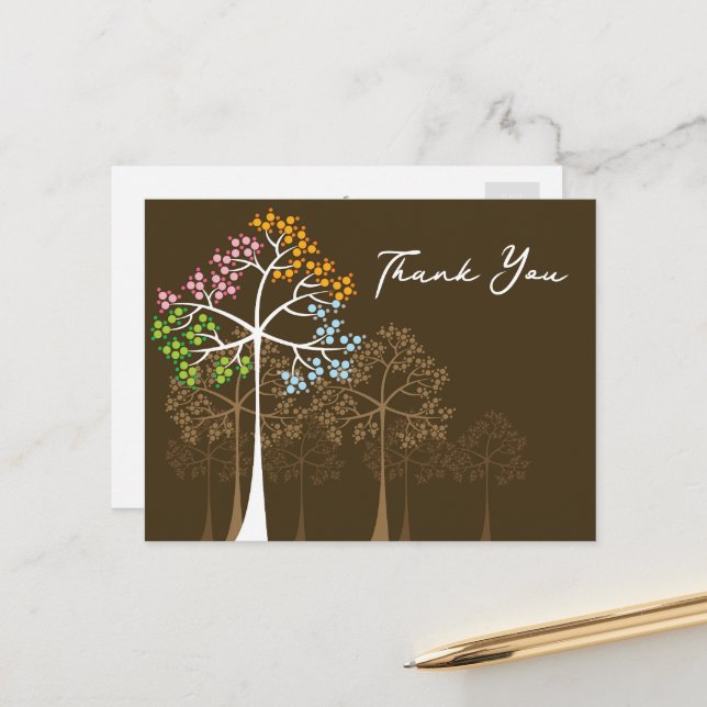 Colourful Dots Four Seasons Trees Wedding Thank Yo Postcard (Front/Back In Situ)