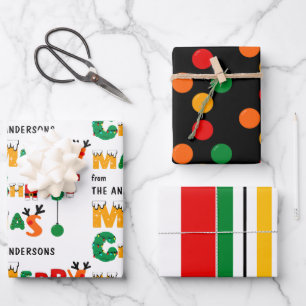 Colourful Dots& Stripes Pattern with Name Christma Wrapping Paper Sheet