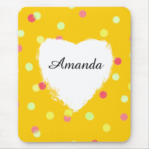 colourful dots & white heart shape name customised mouse mat