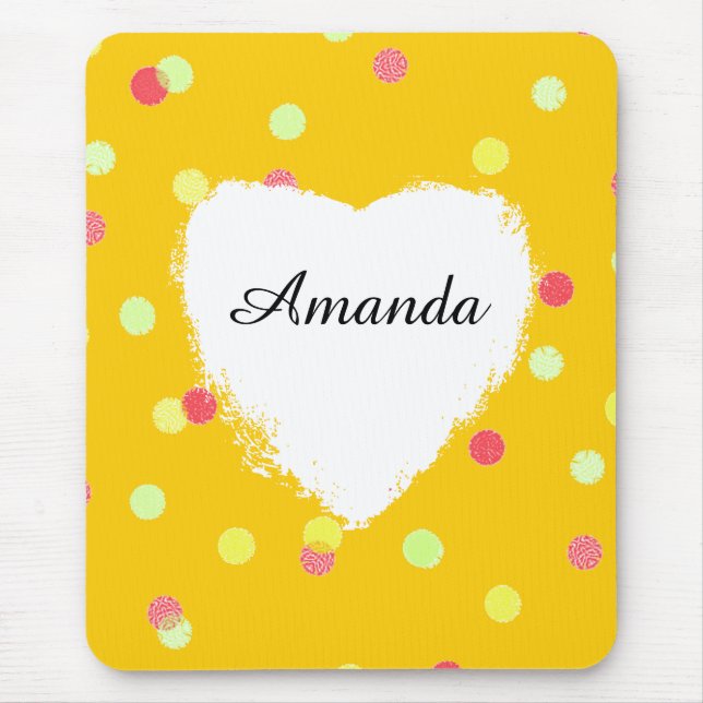 colourful dots & white heart shape name customised mouse mat (Front)