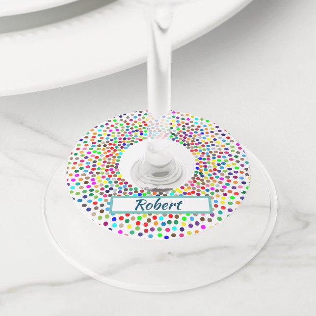 Colourful Dots with Name Collar Wine Glass Tag (Close Up)
