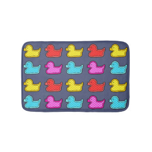 Colourful Dotty Duck Pattern on Blue  Bath Mat