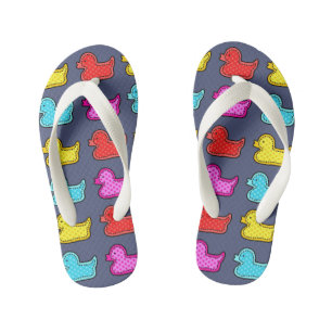 Colourful Dotty Duck Pattern on Blue Kid's Flip Flops