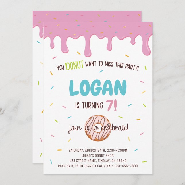 Colourful Doughnut and Sprinkles Personalised Birt Invitation (Front/Back)