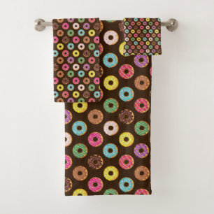 Colourful Doughnut Pattern In Chocolate Bath Towel Set