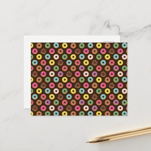 Colourful Doughnut Pattern In Chocolate Postcard (Front/Back In Situ)