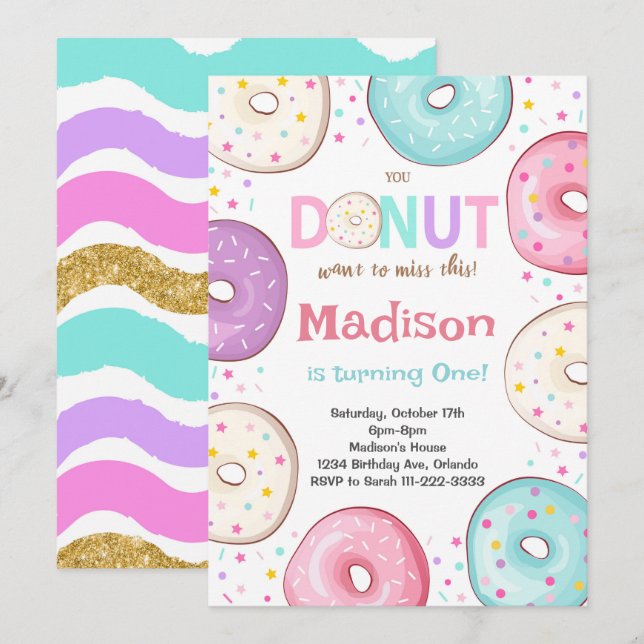 Colourful Doughnuts Sprinkle Kids Birthday Invitat Invitation (Front/Back)