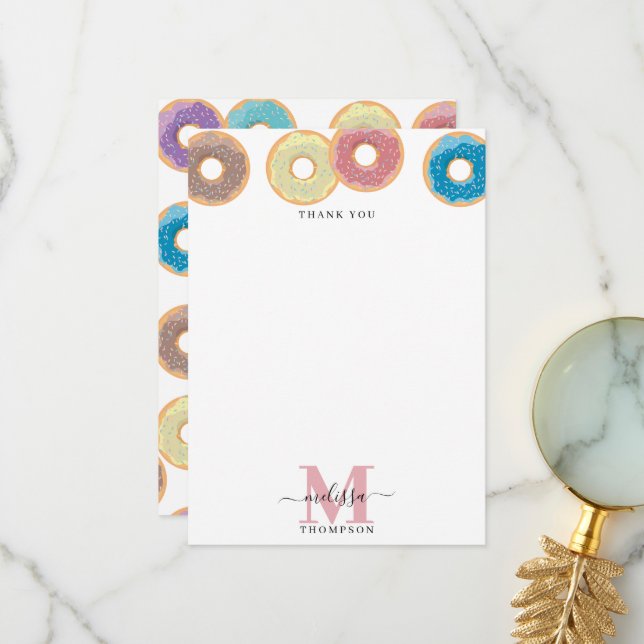 Colourful Doughnuts & Sprinkles Monogram Thank You Card (Front/Back In Situ)