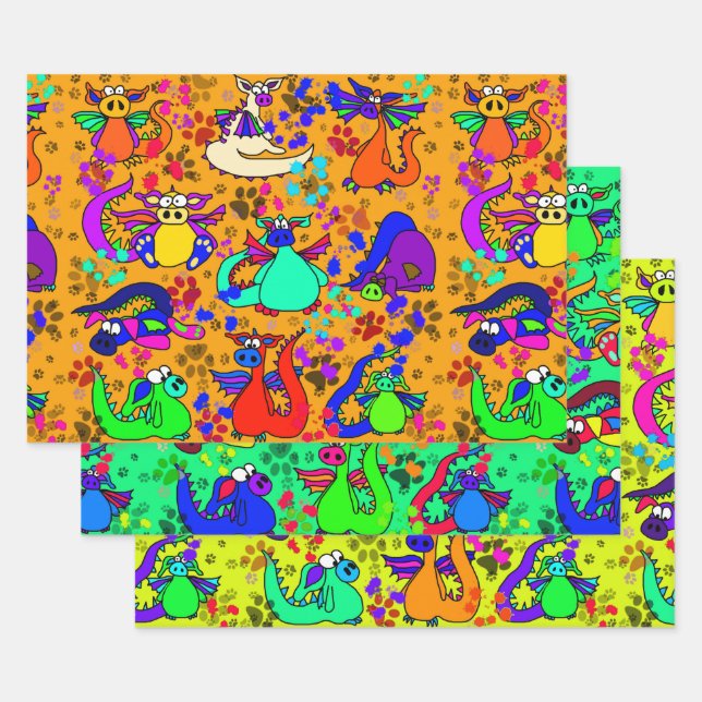 Colourful Dragon Cartoon Gift Wrap Set (Set)