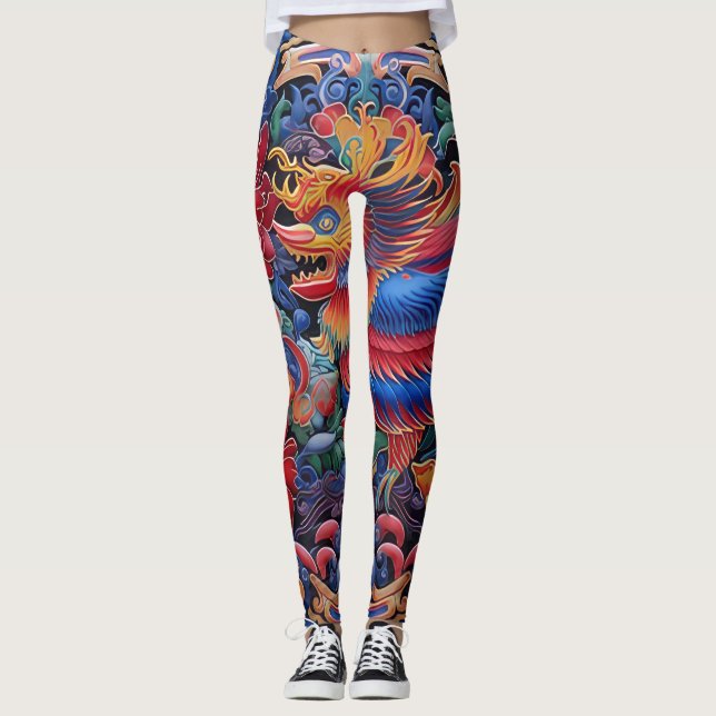 Colourful Dragon Ethnic Pattern Leggings (Front)