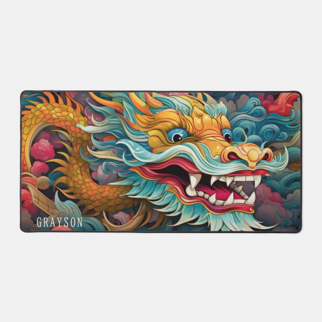 Colourful Dragon Modern Personalised Name Desk Mat (Front)