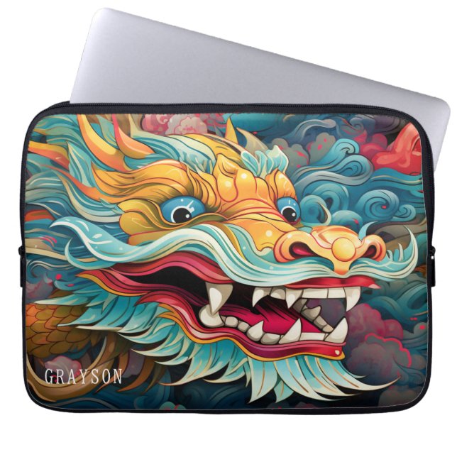 Colourful Dragon Modern Personalised Name Laptop Sleeve (Front)