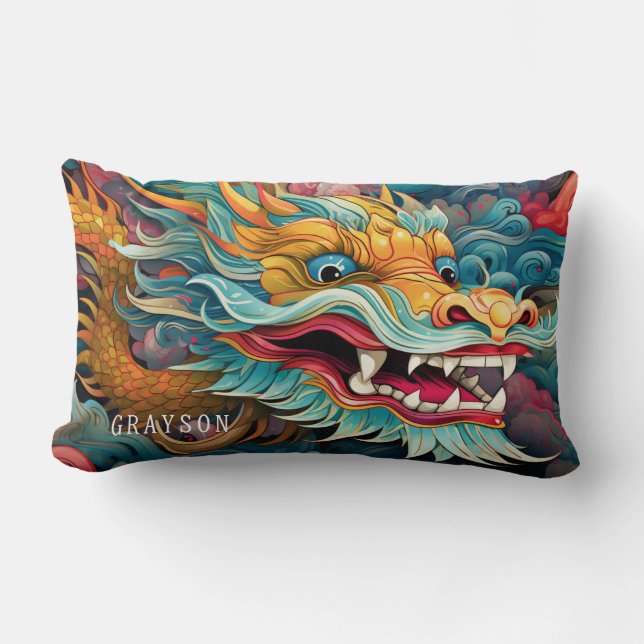 Colourful Dragon Modern Personalised Name Lumbar Cushion (Front)
