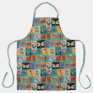 Colourful Dragonflies And Roses Patchwork Apron