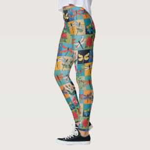 Colourful Dragonflies And Roses Patchwork Leggings