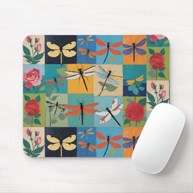 Colourful Dragonflies And Roses Patchwork Mouse Mat (With Mouse)