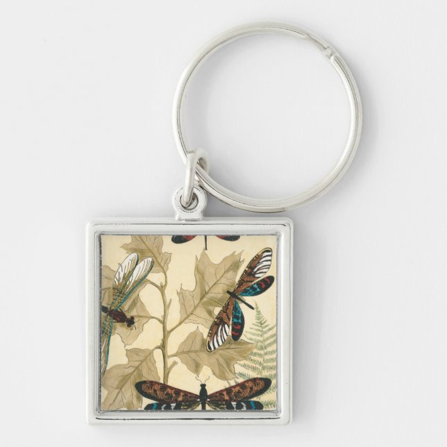 Colourful Dragonflies Floating Above Leaves Key Ring (Front)