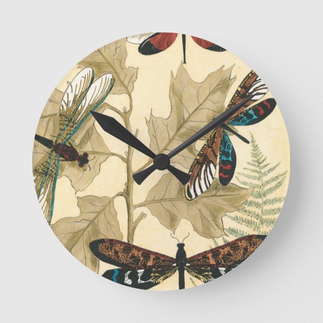 Colourful Dragonflies Floating Above Leaves Round Clock (Front)