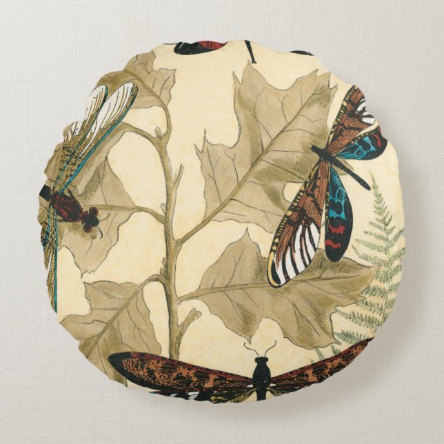 Colourful Dragonflies Floating Above Leaves Round Cushion (Front)