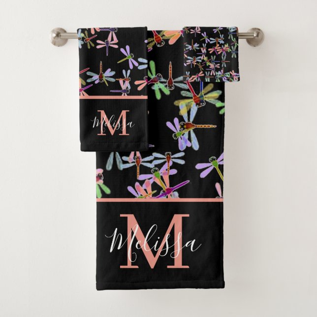 Colourful dragonflies personalised   bath towel se (Insitu)